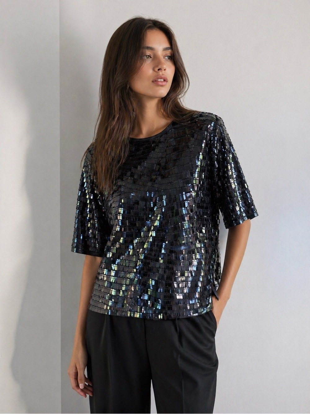AL.X  Chic Black Sequin Short Sleeve Tee